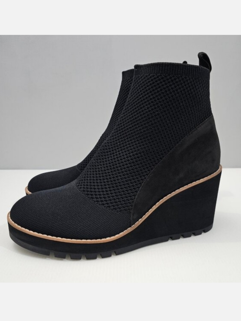 Eileen Fisher Quill Ankle Bootie Womens 11 Black Knit Leather Wedge Platform